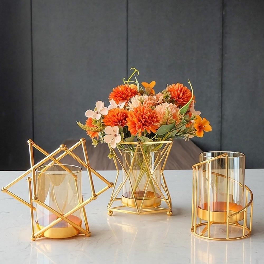 Nordic Metal Flower Vase Glass Flower Arrangement Decorative Vase Candle Holder For Living Room Bedroom