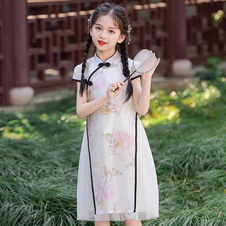 Girls' Cheongsam Dress 26 Summer New Style Chinese Style Dress New Chinese Mesh Splicing Cheongsam Dress
