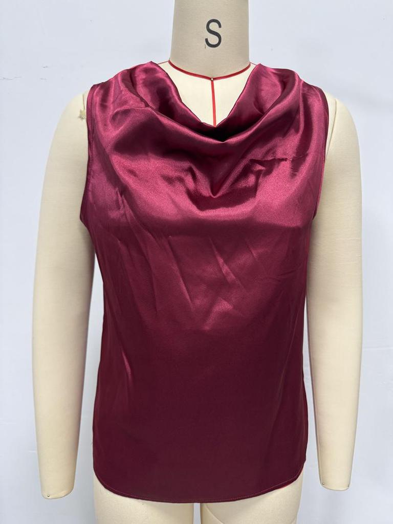 European & American Style Women's Satin Silk Sleeveless Pleated Top for Autumn