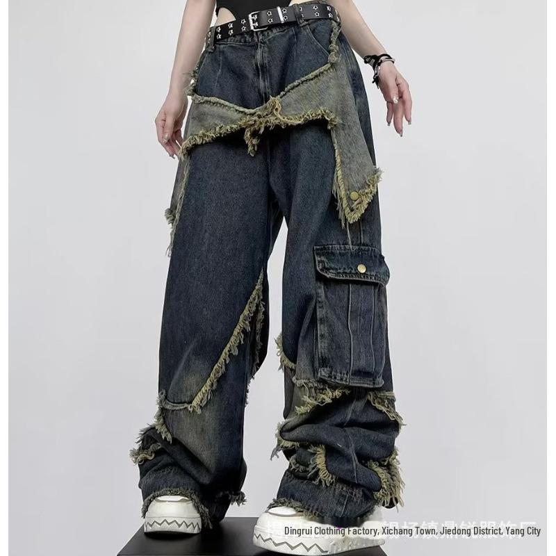 Unisex Yellow Retro Workwear Jeans - Loose Fit, Multi-Pocket, Straight Leg Hip-Hop Style