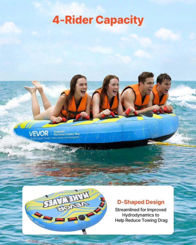 Towable Tube for Boating, 4 Riders Inflatable Boat Tubes and Towables, 308 Kg Capacity Water Sport Towable Tube for Boat To Pull - with Fins, Full