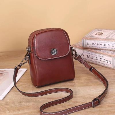 Genuine Leather Women's Bag 2025 New Vintage Crossbody Cowhide Small Bag Versatile Vertical Phone Bag Double Zipper Single