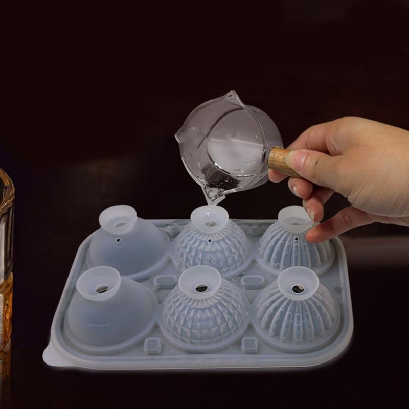 Efficient Safe Silicone Ice Cubes Tray 6 Large Round Cavities Leak proof Lid Funnel For Cocktails Whiskeys Juice