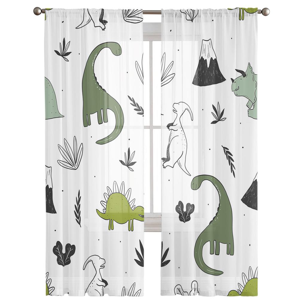 Djurgrön dinosaurieväxt Tyll Skira fönstergardiner för vardagsrum Kök Barn Sovrum Voile Hänggardin