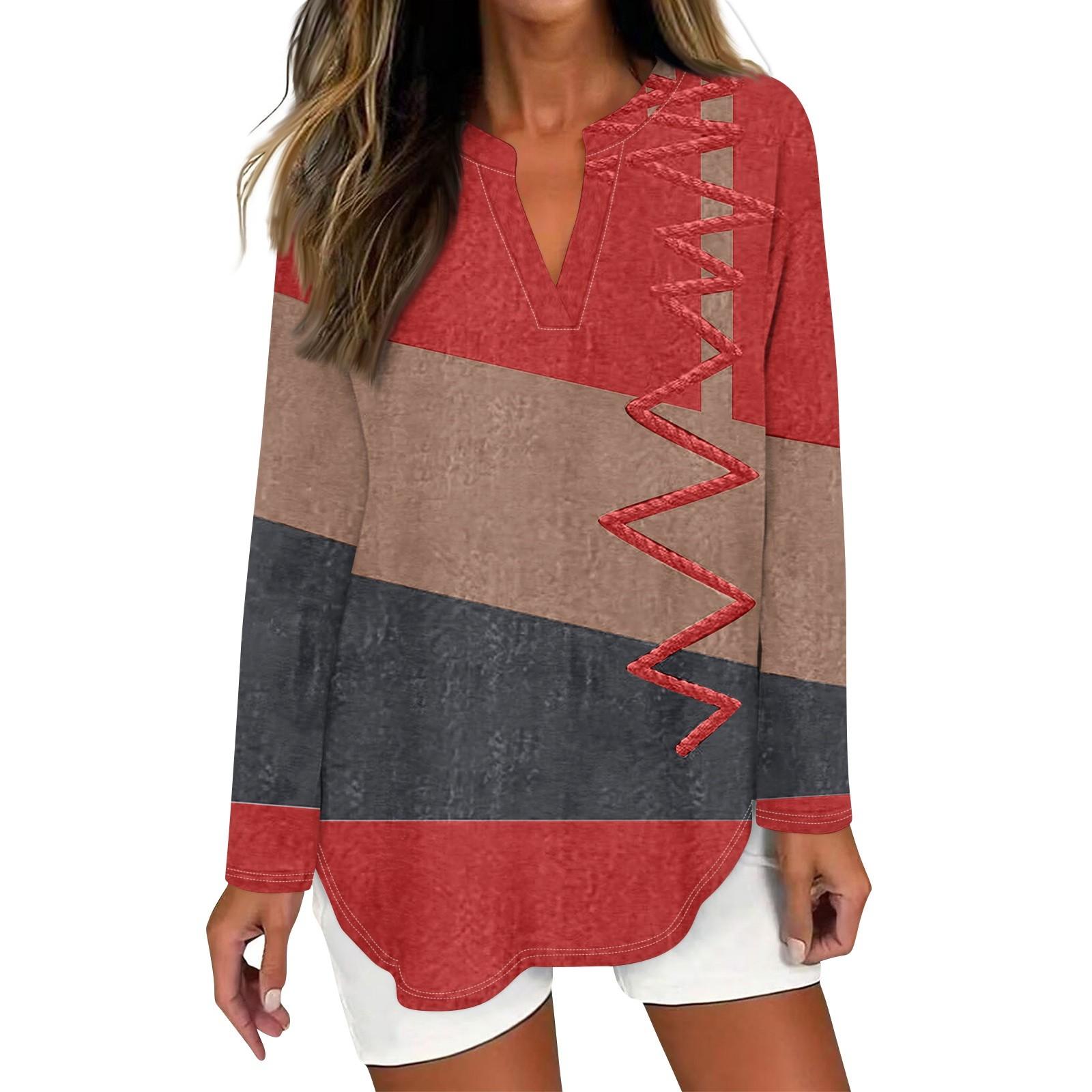 

Женская футболка с принтом, длинный рукав, повседневная, выходного дня, модная, базовая, с V-образным вырезом, изогнутым подолом, стандартный топ XL красный