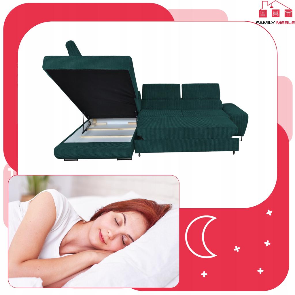 Corner Sofa, Foldable, F, Sleeping, Savio, Left, Family Furniture, Green, Corduroy