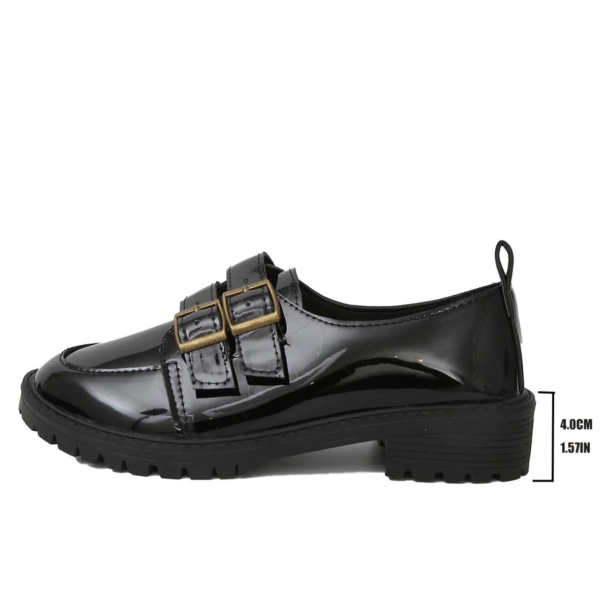 

Модные туфли на высоком каблуке, женские мокасины, толстые каблуки, толстая подошва, двойные пряжки, женские повседневные туфли с низким верхом, новинка 2024 года, большой размер 43 чёрный