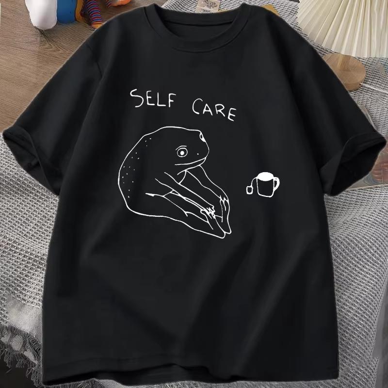 Fun Frog Self Care Vintage Cottagecore Frog Print Fashion T-Shirt Women Summer Round Neck Short Sleeve T-Shirt Streetwear