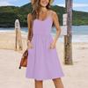 A Women's Summer Casual Solid-Color Printed Strap, Loose Waist Pocket And Large Hem Dress