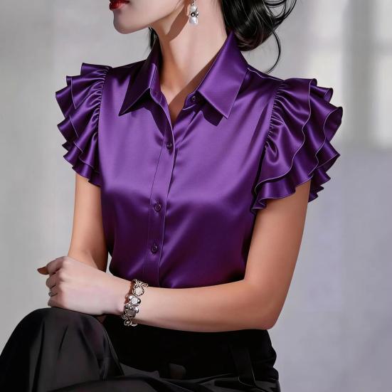 Women Shirt Lapel Ruffle Short Sleeve Single Breasted Shirt Tops Pure Color Smooth Satin