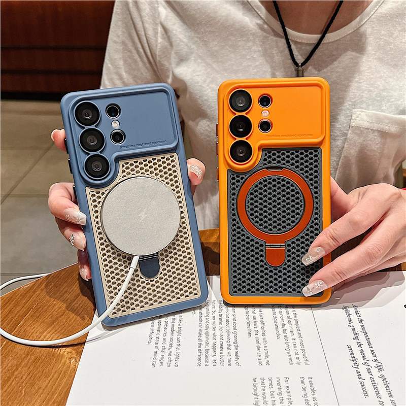 Applicable to Samsung S26ultra magnetic suction bracket mobile phone case s25ultra hollow two-color heat dissipation mesh case protective case