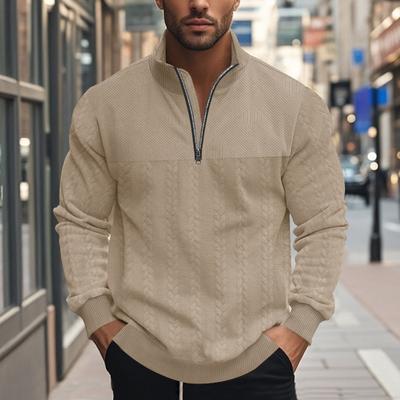 Men's Casual Stand Up Collar Zipper Pullover Loose Knit Patchwork Jacquard Autumn and Winter Long Sleeved Sweatshirt