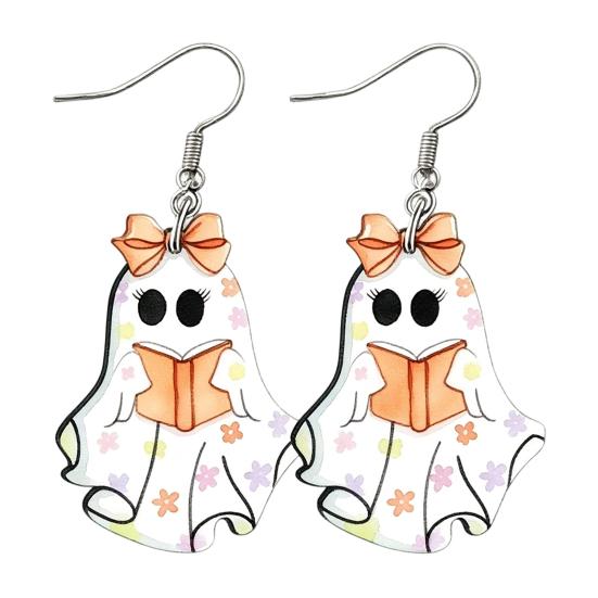 Polished Acrylic Charms Cute Reading Ghost Earrings, Sweet Bowknot Drop Dangle Earrings Lightweight Halloween Jewelry for Women Girls Fashionable