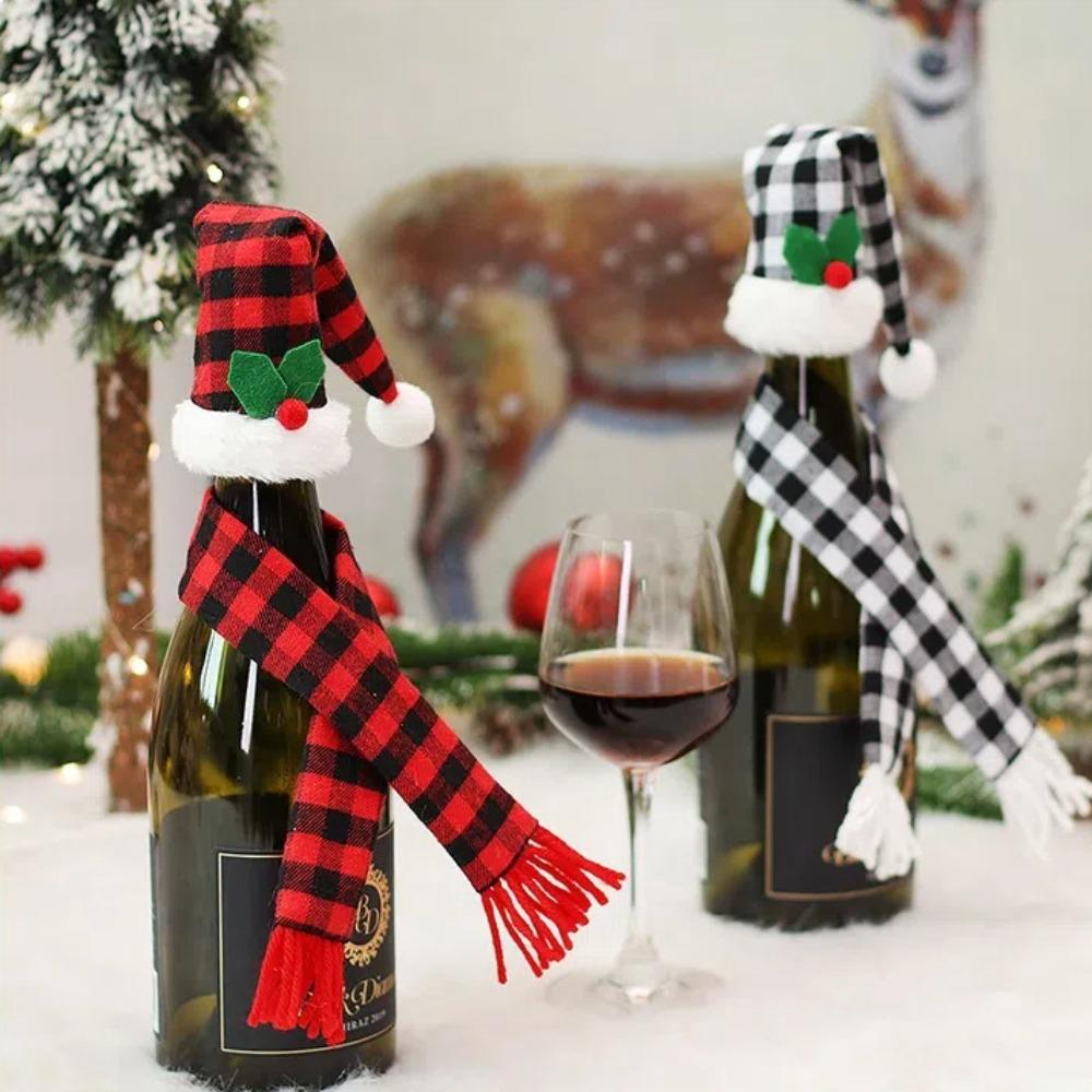 Table Decorations Christmas Wine Bottle Cover Xmas Gift Christmas Decoration Wine Bottle Bags Red Black Mini Christmas Hat