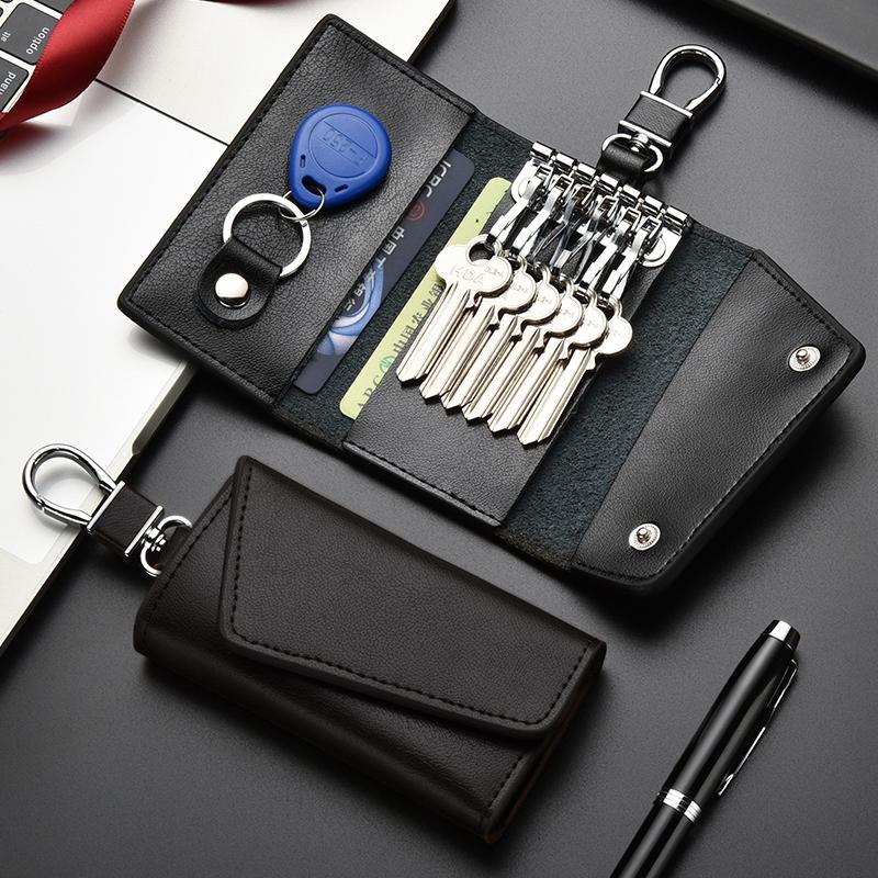 Portable Leather Housekeeper Holders Car Keychain Key Punck Bag Case Men Black Keys Wallet Cover Simple Solid Color Storage Bags