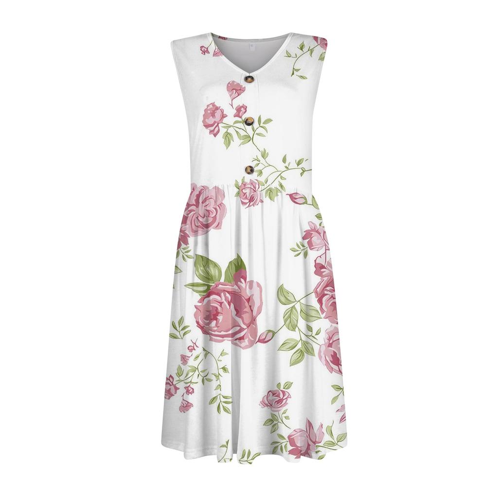 Women's Casual Fashion Sexy V-neck Button Decoration Sleeveless Beach Printed Boutonniere Dress