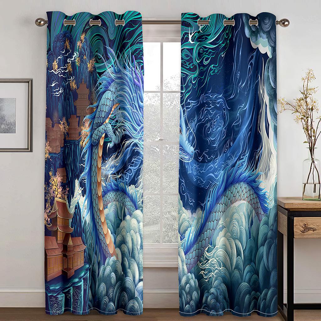 Traditional Chinese Myth Auspicious Auspicious Animal Pattern 3D Digital Printed Curtain Living Room Bedroom Curtain Two Panels
