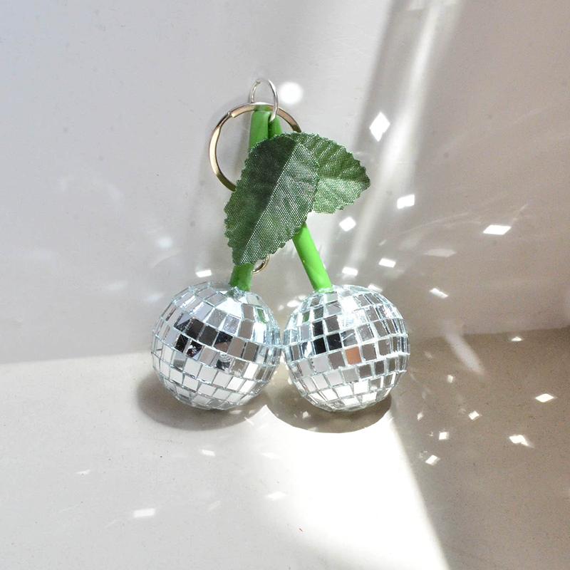 WTEMPO Green Leaves Cherry Shaped Keychains Mini Disco Balls Keychains Car Key/Door Key/Bag/ Backpack Keychain Pendents Festive Home Decor Ornaments