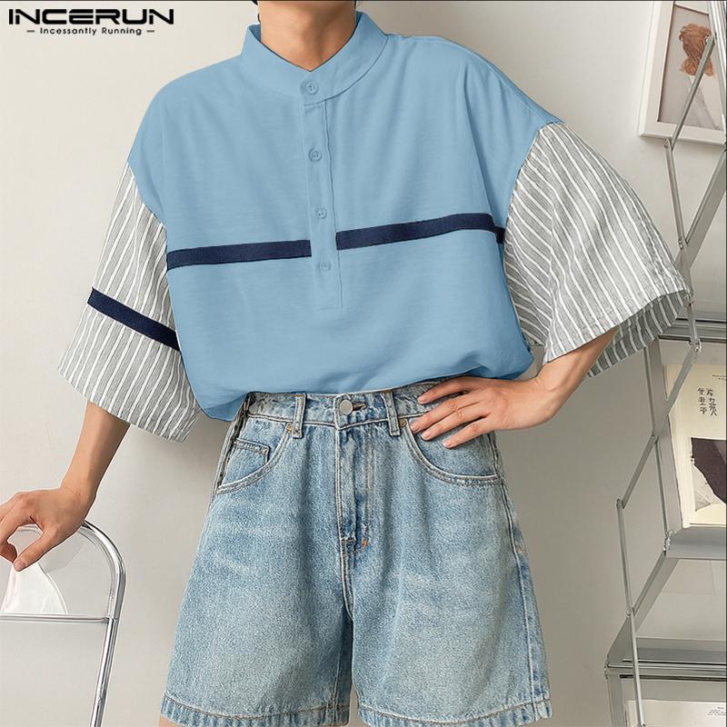 INCERUN Oversized Men Casual Loose Half Sleeve Stitching Striped Shirts