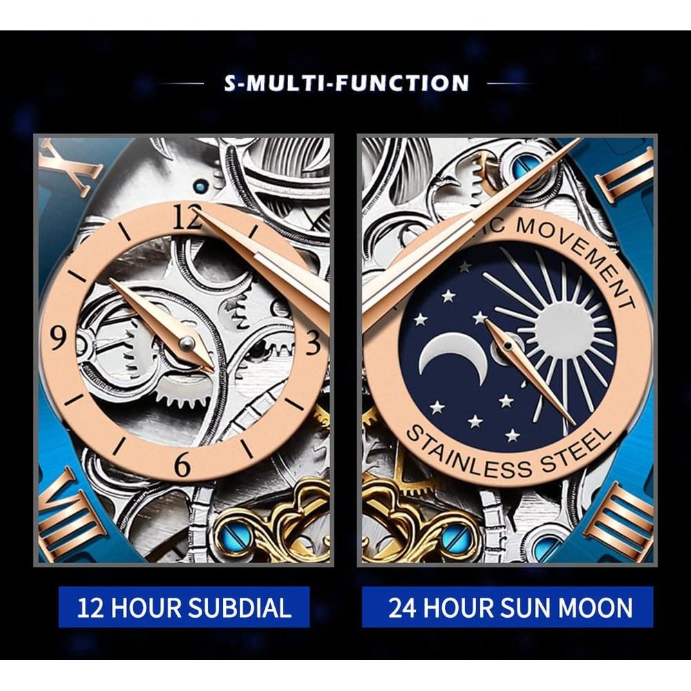 OLEVS Men's Automatic Watch Starry Sky Skeleton Luxury Waterproof Luminescent Brown Strap Blue Dial