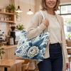 Elegant Blue Floral Tote Bag Fashion Casual Large Capacity Ladies Daily Outdoor Shopping Shoulder Handbag