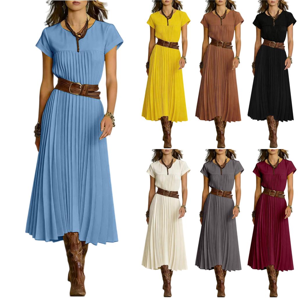 Women's Fashionable Color Round Neck Short Sleeved Pocket Pleated Loose Dress