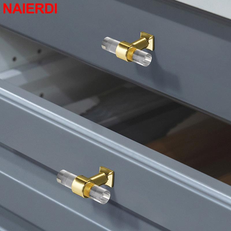 NAIERDI Acrylic Furniture Handles T-Bar Gold Crystal Cabinet Handles and Knobs Zinc Alloy Silver Door Handle Hardware