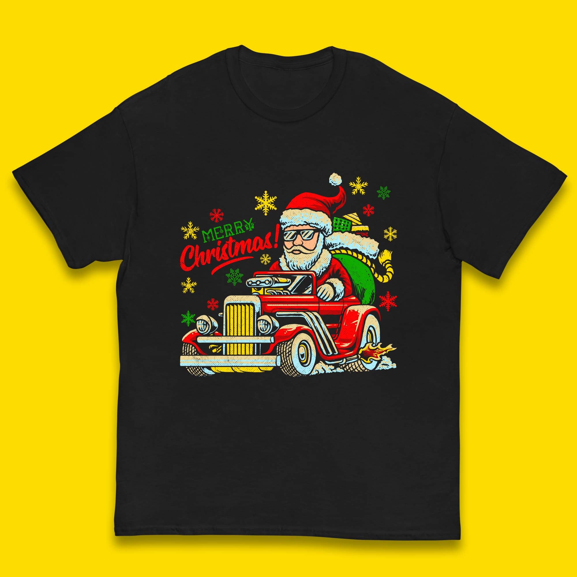 Merry Christmas Santa Claus Drives A Hot Rod Car Kids T Shirt 140