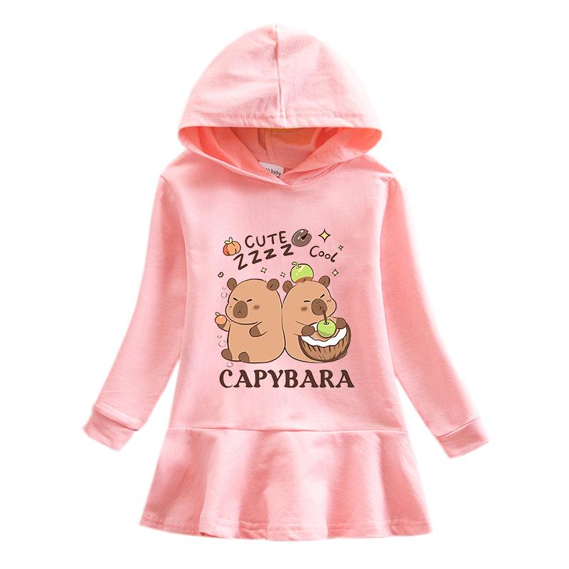 Ruffle Cartoon Rainbow Girls' Long Sleeve Hooded Sweatshirt Dress
