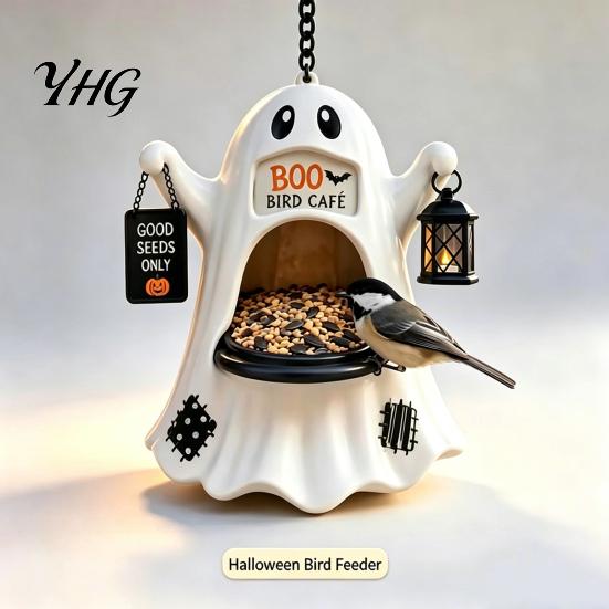 Wild Bird Feeding Station Halloween Ghost Feeder, Outdoor Hanging Big Mouth Backyard Supplies Station, Spooky Resin Statue for Outside Garden