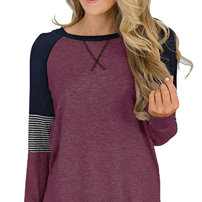 SCIONE Nová móda Dámské pruhované tričko Šití Kulatý výstřih Ležérní Dámské tričko Volný top