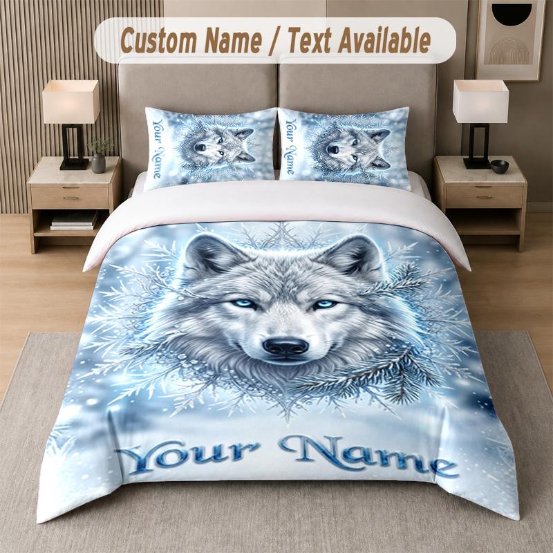 Wolf Fuchs Thema Benutzerdefinierter Text Oder Name 3-teiliges Bettwäsche-Set 1 Spannbettlaken & 2 Kissenbezüge Personalisierte Heim-Bettwäsche