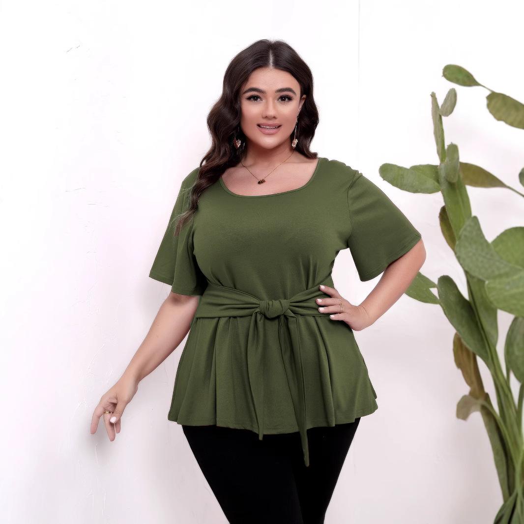 

HNXC Plus-size Women s Simple Short-sleeved, O-neck, Belted, Slimming Top T-shirt XL