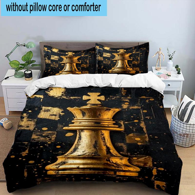 Golden Chess King On Black 3pcs Bedding,Including 1pc Duvet Cover And 2pcs Pillowcases Perfect for Christmas,Ideal for Bedroom, Dormitory