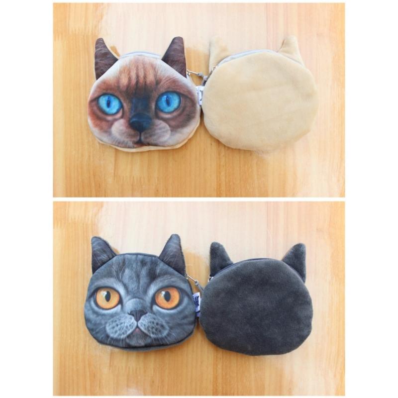 New 3D Realistic Cat Head Coin Purse Fold Eared Grey Short Hair Cat Animal Wallet Cute Pet Style