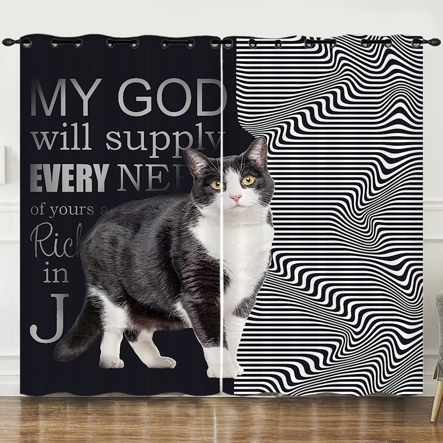 Curtain Cat Cartoon Bianmu Illustration 3D Digital Printing Blackout Curtain Punching 2pcs*97cm*114cm*2