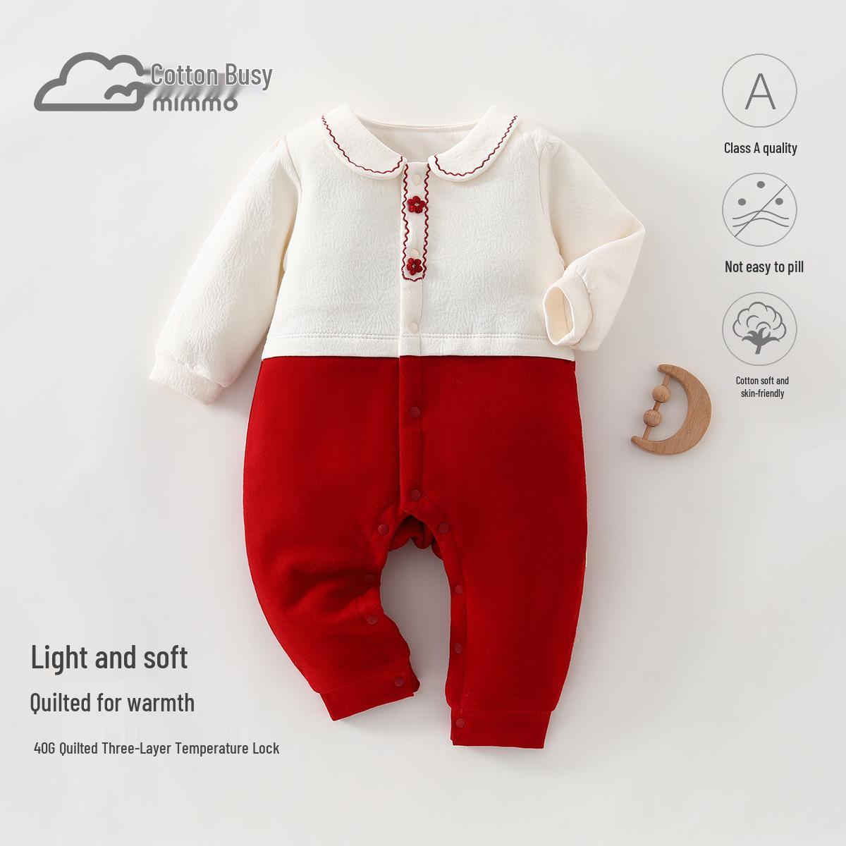 Infant & Toddler Chinese-Style 40g Long Sleeve Red & White Romper with Flower Lapel 80cm