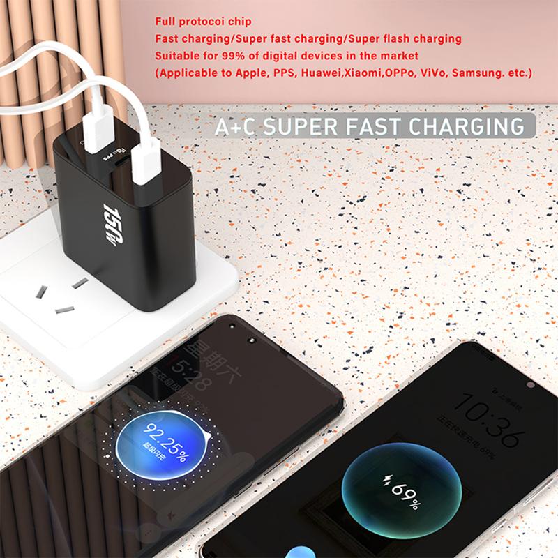 Caricabatterie super rapido da 150 W, ricarica ultra rapida, 3 porte PD tipo C per iPhone, Samsung, Xiaomi