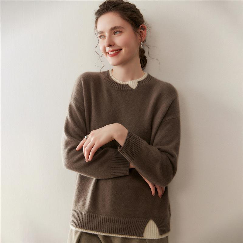 Women's Cashmere Color Block Slit Pullover: Autumn/Winter Thick Two-Piece Knitwear