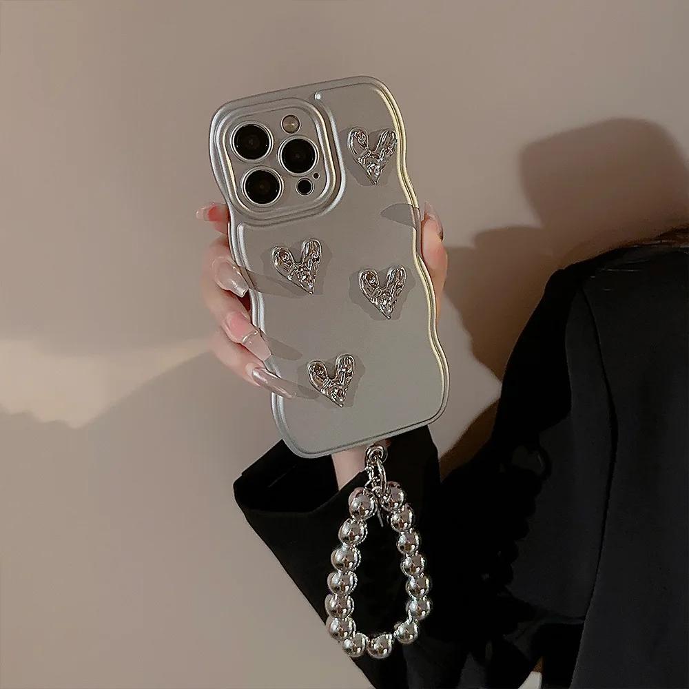 3D Cute Bling Glitter Love Heart Electroplated Phone Case with Bead Bracelet for iPhone 15 14 Plus 13 12 11 Pro Max Soft Cover