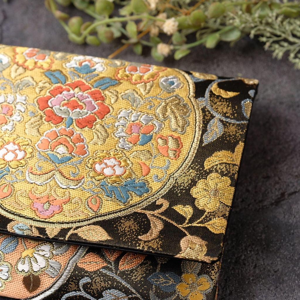 Used Goshuincho case, Goshuincho pouch, Obi remake, Fukusa type, Kimono remake, Japanese pattern, Japanese style, Black, Flower crest, One-of-a-kind,
