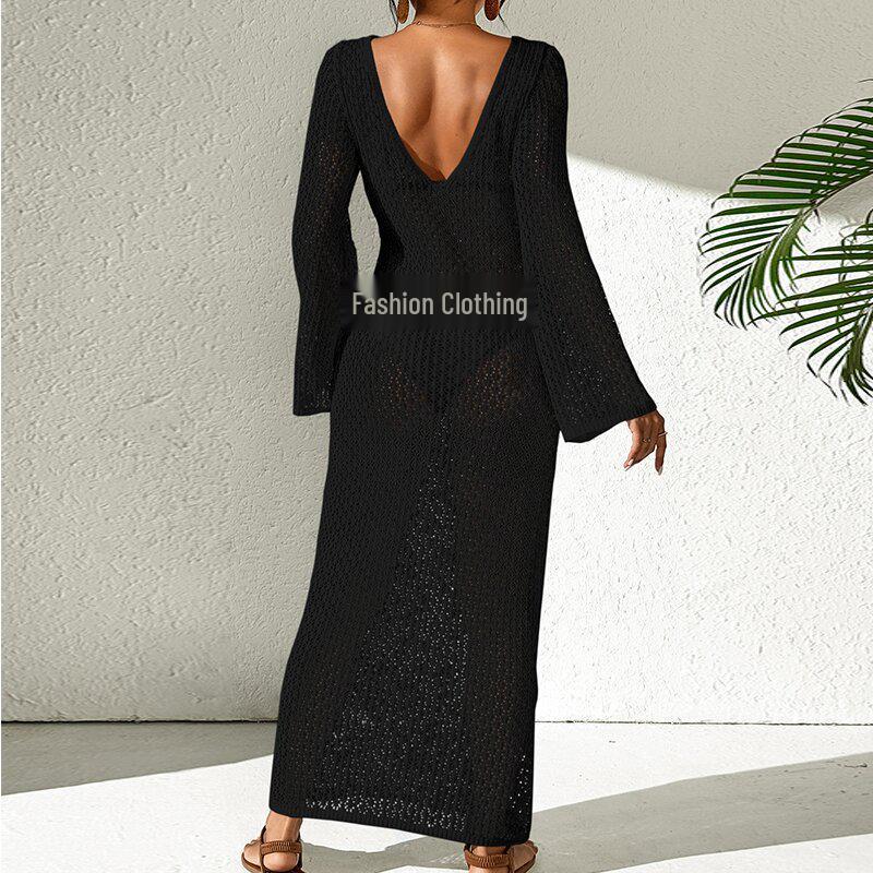 European-American Hollow Texture V-Neck Button Backless Long-Sleeve Beach Dress