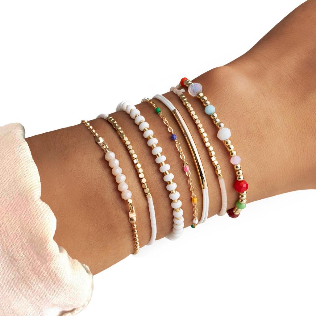 Bohemian 7-Piece Beaded Bracelet Stack Multicolor Gold White Stackable Jewelry Summer Gift Set for Women Girls