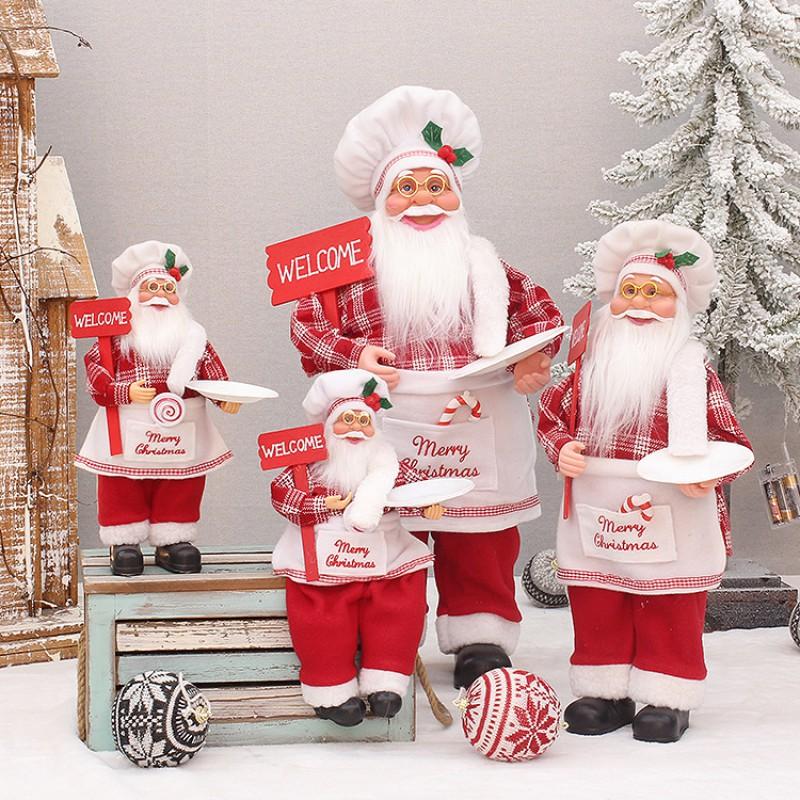 Christmas Decor Chef Santa Figurine Standing Sitting Pose Plastic Fabric Ornament Home Hotel Restaurant Party Display
