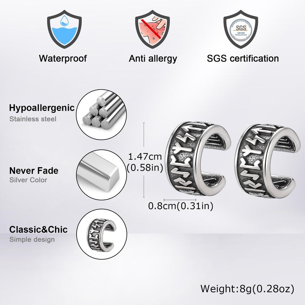 Punk Vintage Norse Viking Rune Ear Cuff for Men, Stainless Steel Fake Piercing Clip On Earrings, Stylish Unique Jewelry Gifts