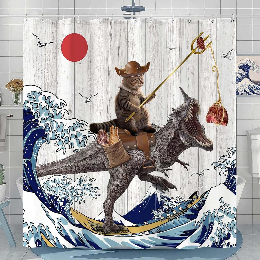 Galactic Cat Astronaut Waterproof Shower Curtain - Space Adventure with Dinosaur Ride for a Fun and Quirky Bathroom Decor