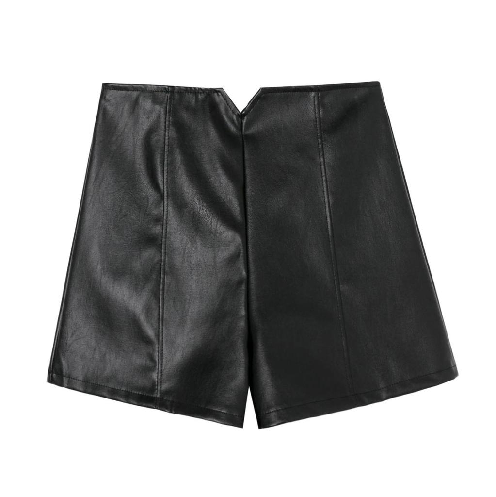 Women's High-Waist Black PU Leather Wide-Leg Shorts - Autumn/Winter 2023