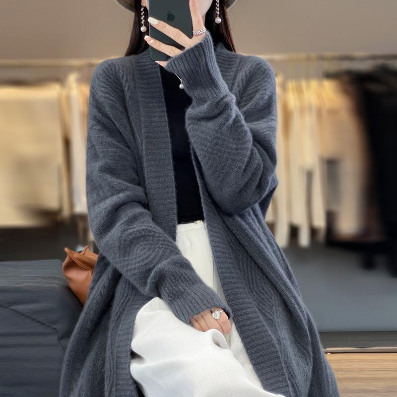 Women's 2023 Mid-Length Pure Wool Cardigan Coat - Loose, Thick Knit Sweater