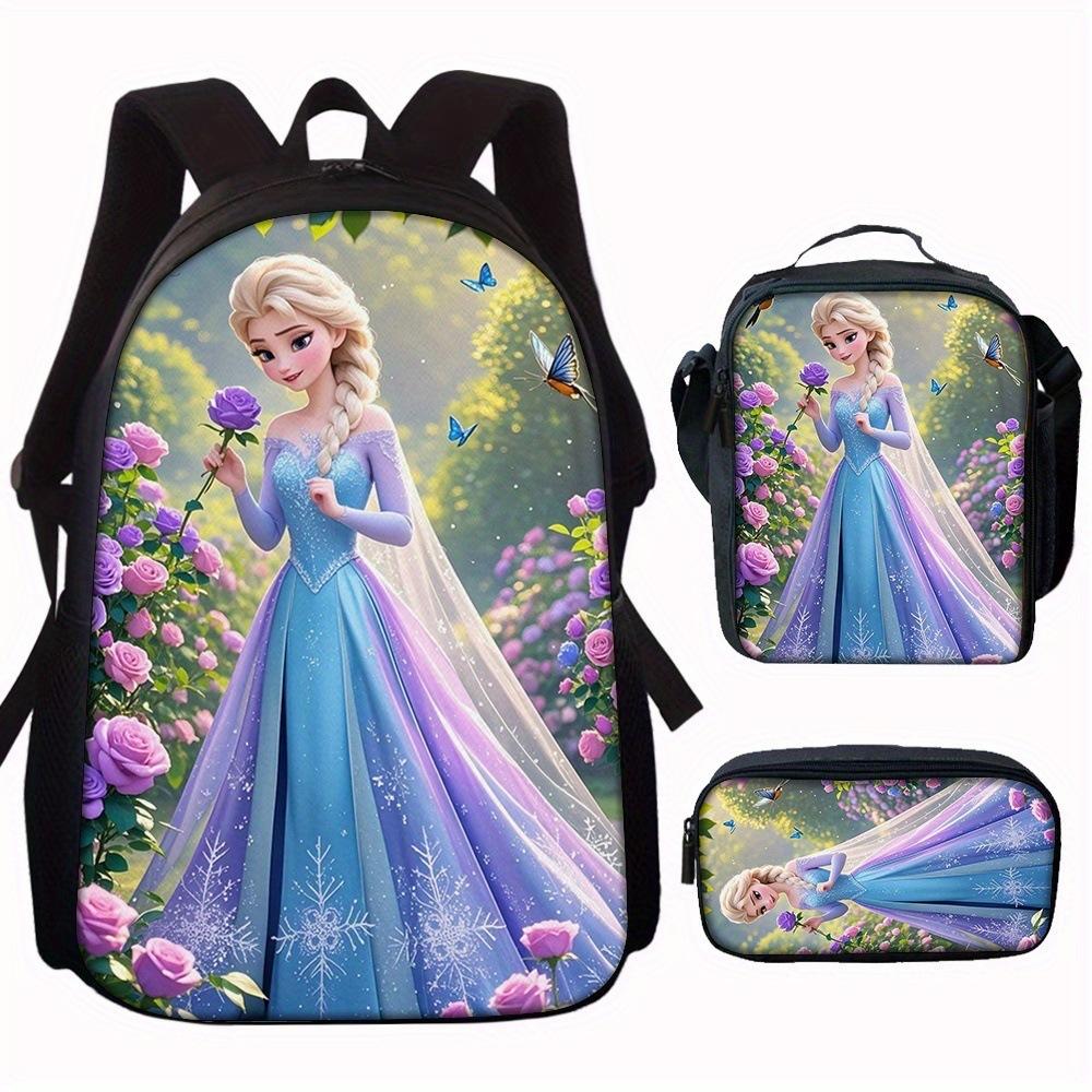 Zaino Scolastico Principessa Set da 3 Pezzi Grande Capacità Impermeabile Borsa a Spalla Astuccio Borsa a Tracolla per Bambini