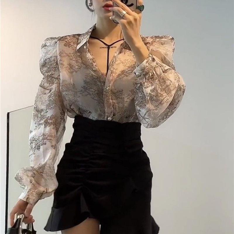 Women’s Retro Floral Puff Sleeve Polo Blouse